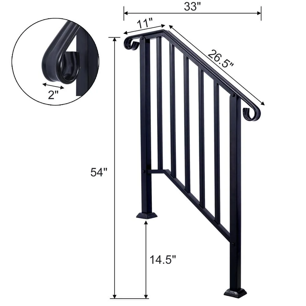 Tidoin 54 in. H x 33 in. W Black Steel Outdoor Stair Railing Kit Fit 2 or 3 Steps, photo 2 of 6