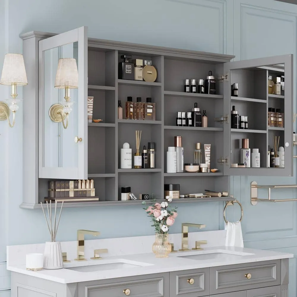 ANGELES HOME 55 in. W x 35 in. H Rectangular Solid Wood Bathroom Medicine Cabinet with Mirror, 2 Soft-Closed Doors, Easy Hang, Gray, photo 12 of 12