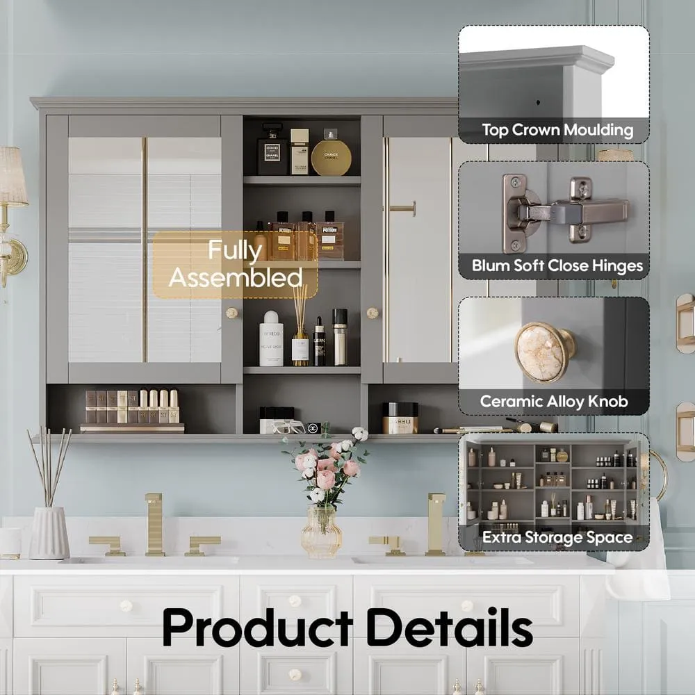 ANGELES HOME 55 in. W x 35 in. H Rectangular Solid Wood Bathroom Medicine Cabinet with Mirror, 2 Soft-Closed Doors, Easy Hang, Gray, photo 9 of 12