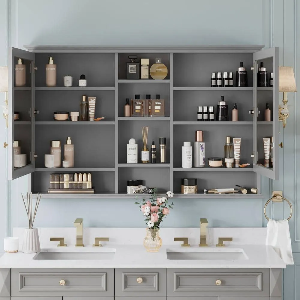 ANGELES HOME 55 in. W x 35 in. H Rectangular Solid Wood Bathroom Medicine Cabinet with Mirror, 2 Soft-Closed Doors, Easy Hang, Gray, photo 5 of 12