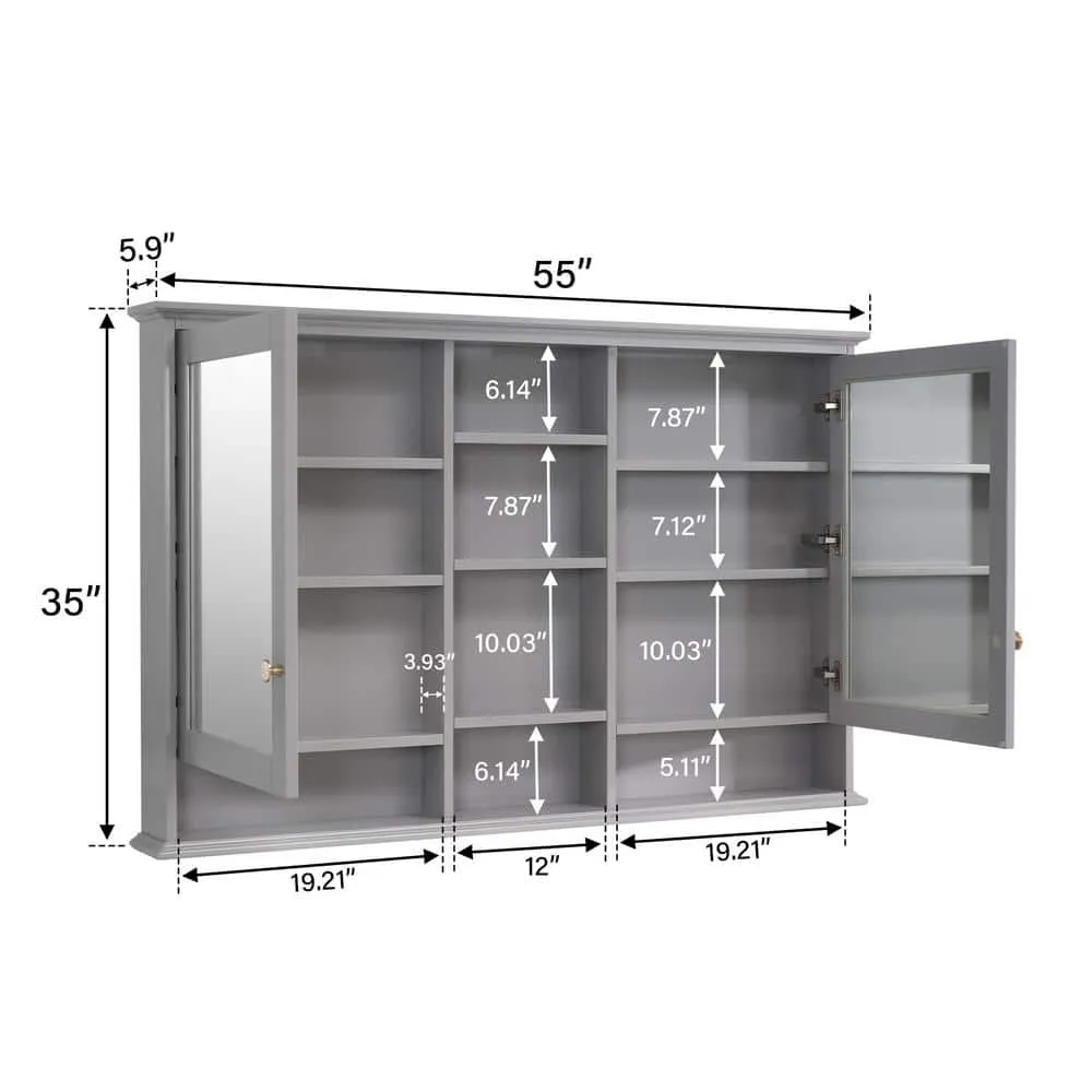 ANGELES HOME 55 in. W x 35 in. H Rectangular Solid Wood Bathroom Medicine Cabinet with Mirror, 2 Soft-Closed Doors, Easy Hang, Gray, photo 11 of 12