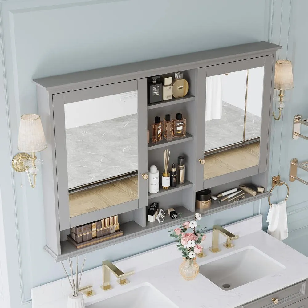 ANGELES HOME 55 in. W x 35 in. H Rectangular Solid Wood Bathroom Medicine Cabinet with Mirror, 2 Soft-Closed Doors, Easy Hang, Gray, photo 3 of 12