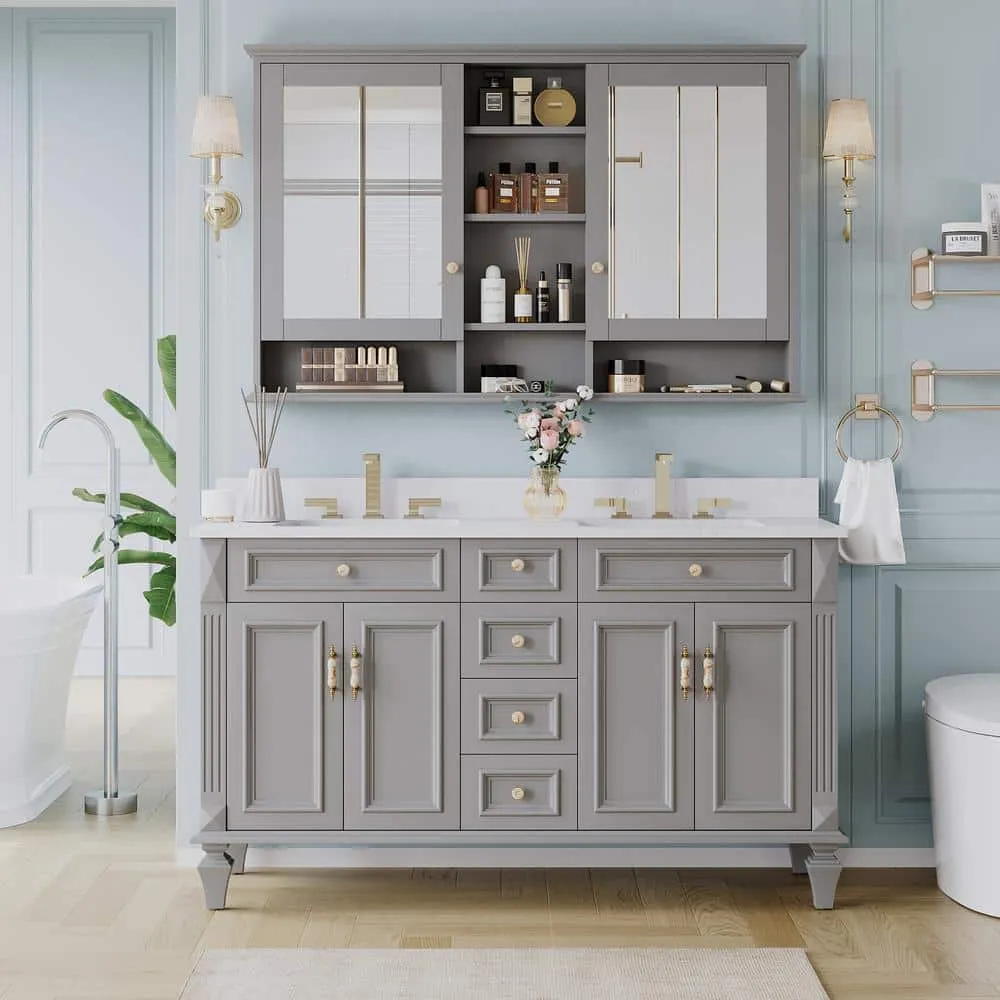ANGELES HOME 55 in. W x 35 in. H Rectangular Solid Wood Bathroom Medicine Cabinet with Mirror, 2 Soft-Closed Doors, Easy Hang, Gray, photo 2 of 12