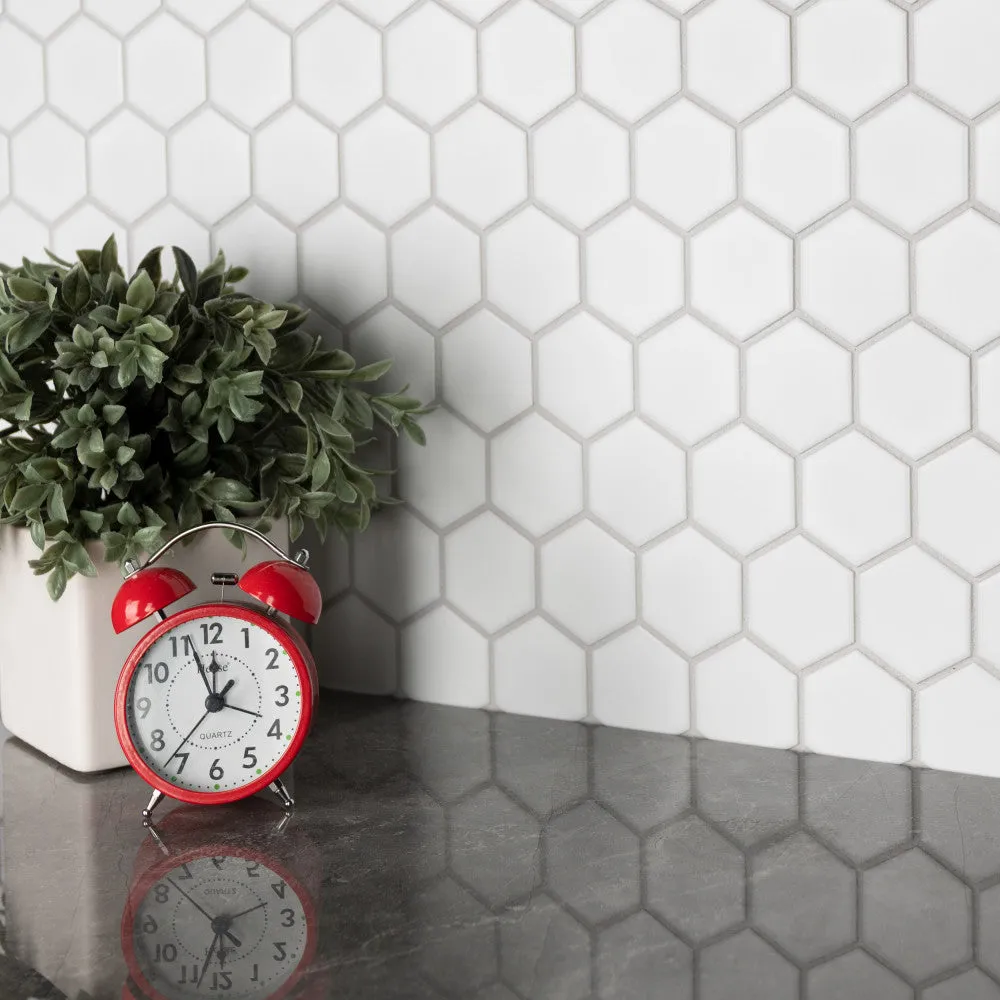 Merola Tile Metro Hex 2 in. Matte White Porcelain Mosaic Tile, 11-1/8 in. x 12-5/8 in. x 6 mm (9.96 sq. ft. per case), photo 3 of 8