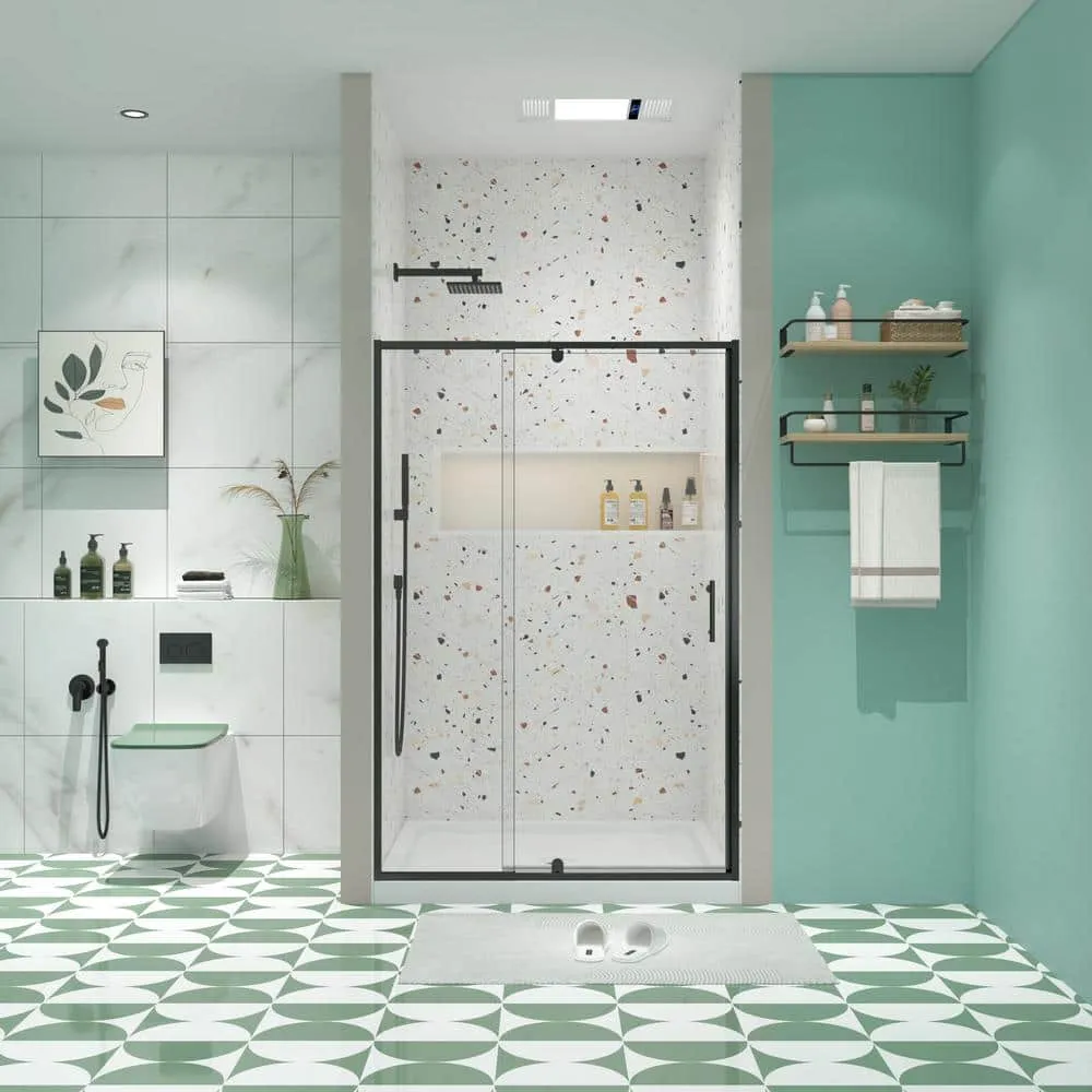 TOOLKISS 44 to 48 in. W x 71 in. H Framed Pivot Shower Door in Black with Clear Glass, photo 3 of 15