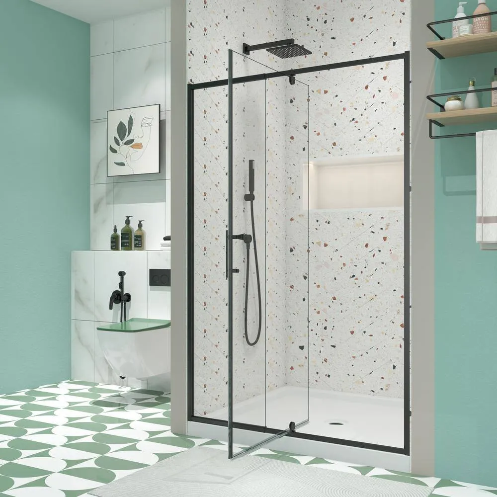TOOLKISS 44 to 48 in. W x 71 in. H Framed Pivot Shower Door in Black with Clear Glass, photo 7 of 15