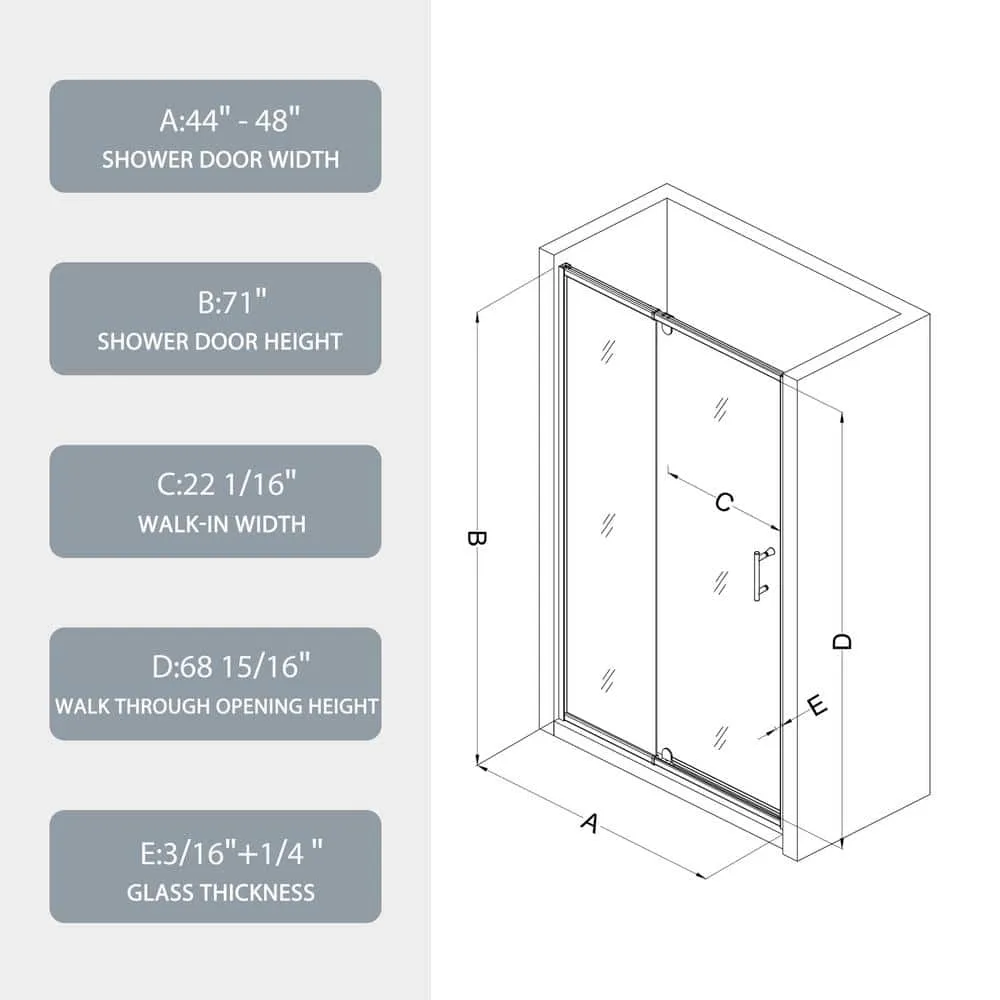 TOOLKISS 44 to 48 in. W x 71 in. H Framed Pivot Shower Door in Black with Clear Glass, photo 14 of 15