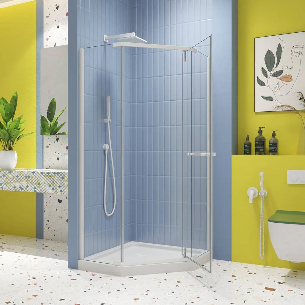 TOOLKISS 34.75 in. W x 72 in. H Neo-Angle Pivot Semi Frameless Corner Shower Enclosure in White with Clear Glass, photo 7 of 7