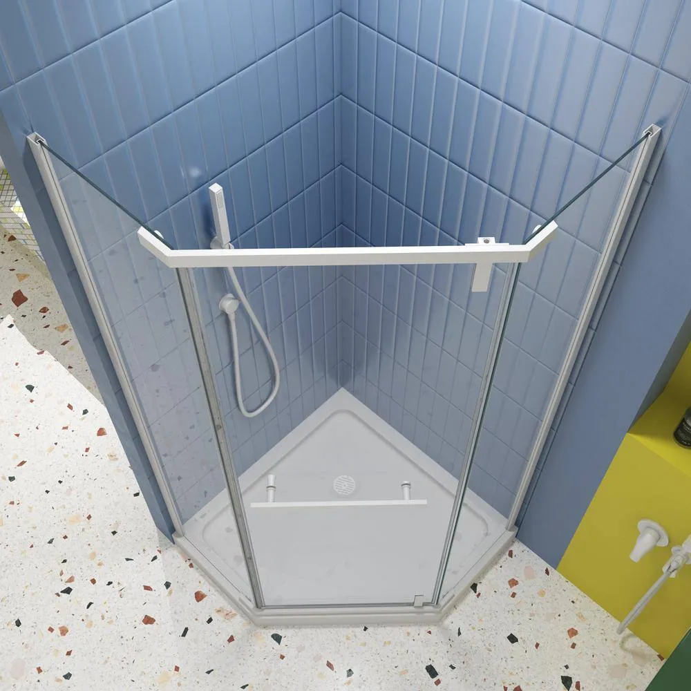 TOOLKISS 34.75 in. W x 72 in. H Neo-Angle Pivot Semi Frameless Corner Shower Enclosure in White with Clear Glass, photo 5 of 7