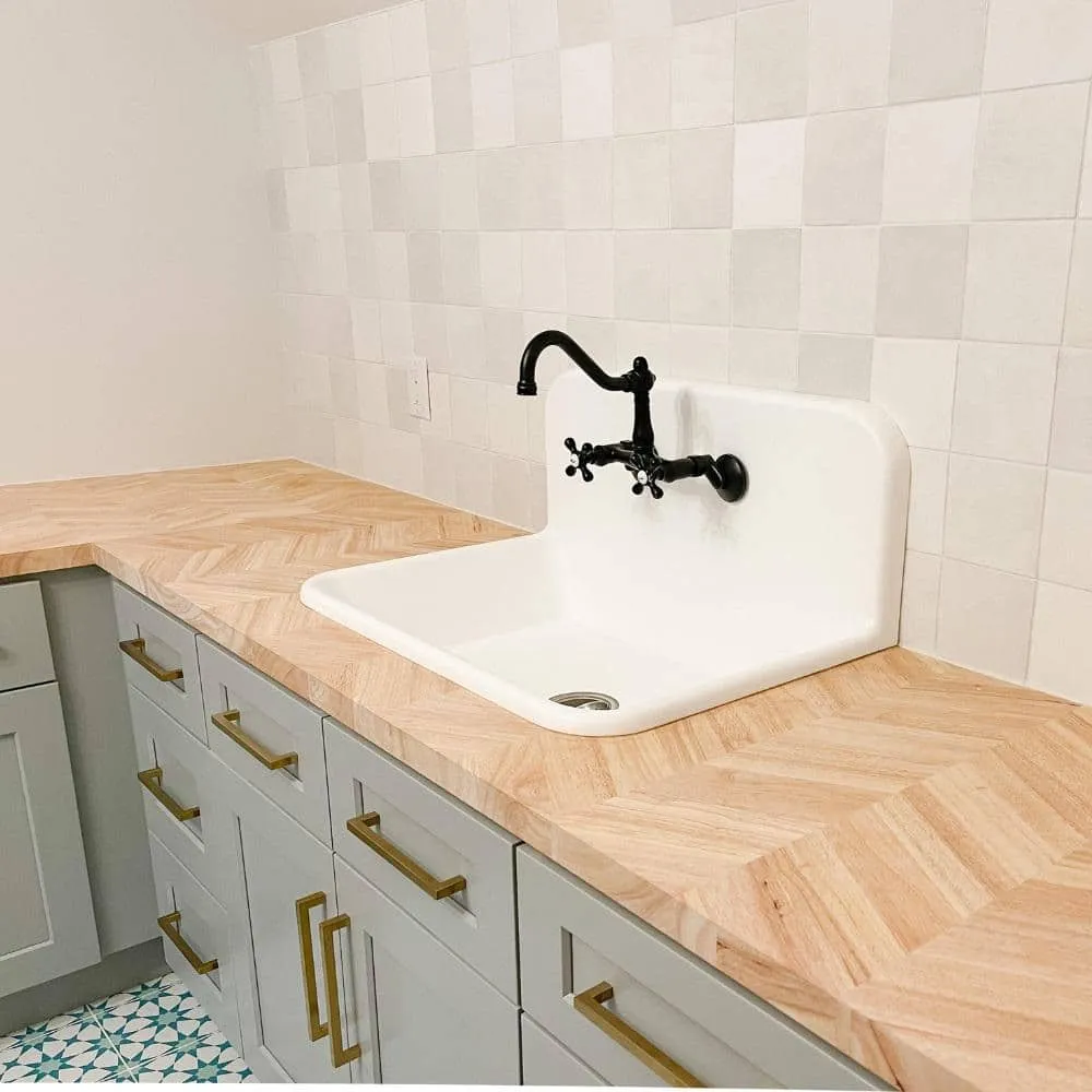 HARDWOOD REFLECTIONS 8 ft. L x 25 in. D Unfinished Hevea Chevron Solid Wood Butcher Block Countertop With Square Edge, photo 5 of 12