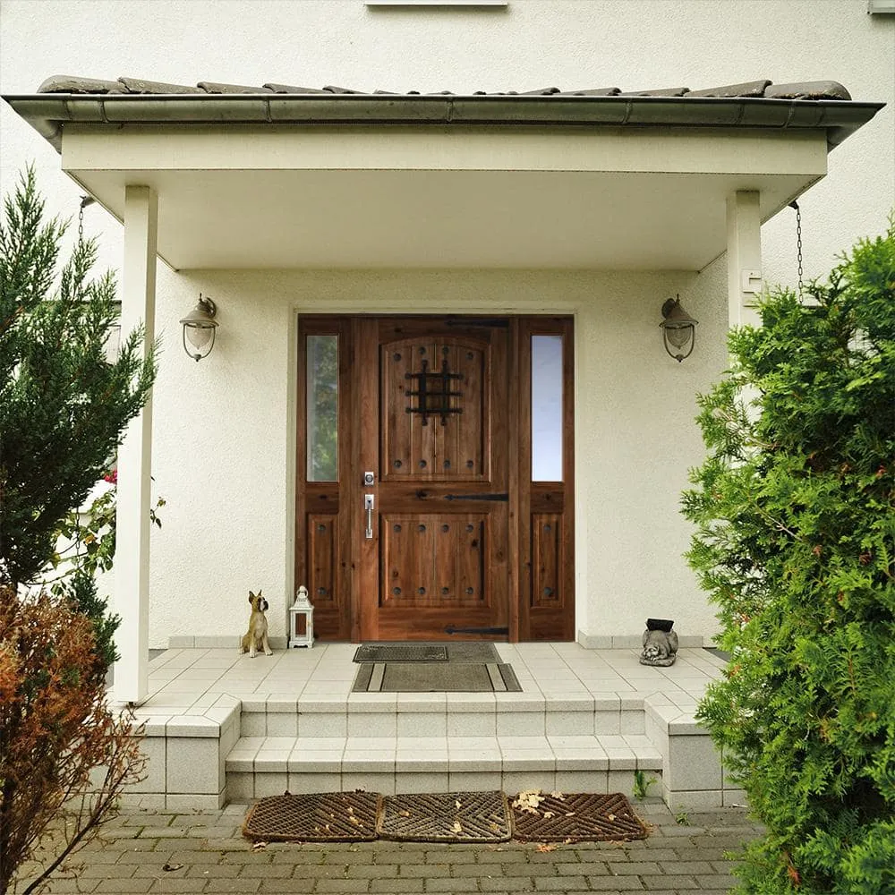 Krosswood Doors 64 in. x 80 in. Mediterranean Knotty Alder Arch Top Clear Low‑E Unfinished Wood Right‑Hand Prehung Front Door with Half Sidelites, photo 3 of 8