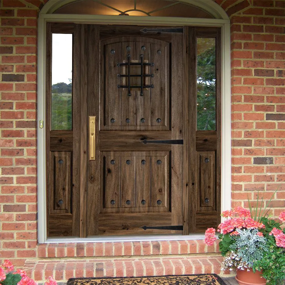 Krosswood Doors 64 in. x 80 in. Mediterranean Knotty Alder Arch Top Clear Low‑E Unfinished Wood Right‑Hand Prehung Front Door with Half Sidelites, photo 7 of 8