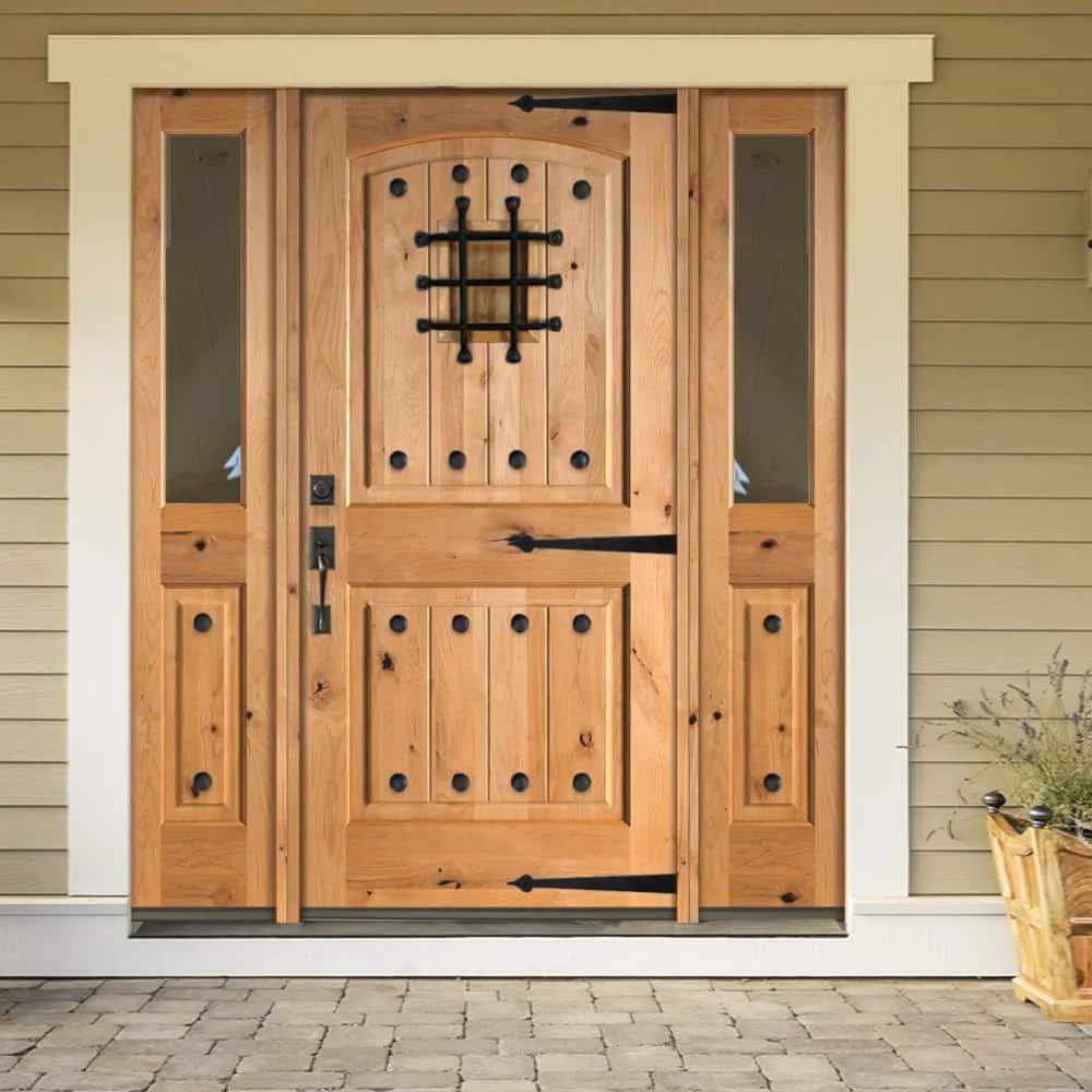 Krosswood Doors 64 in. x 80 in. Mediterranean Knotty Alder Arch Top Clear Low‑E Unfinished Wood Right‑Hand Prehung Front Door with Half Sidelites, photo 4 of 8