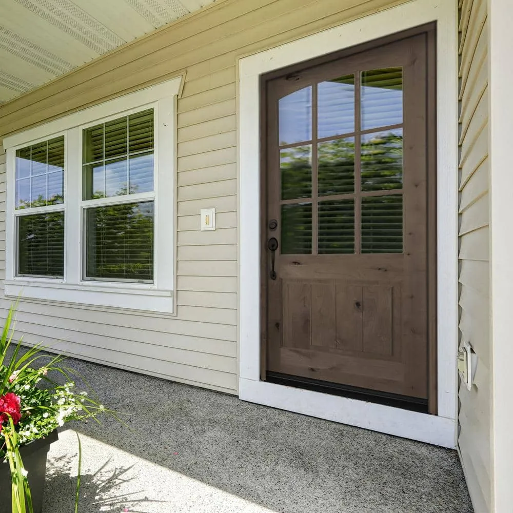 Krosswood Doors 36 in. x 80 in. Krosswood Doors Knotty Alder Left-Hand/Inswing 9-Lite Arch Top V-Panel Clear Glass Unfinished Wood Prehung Front Door, photo 8 of 8