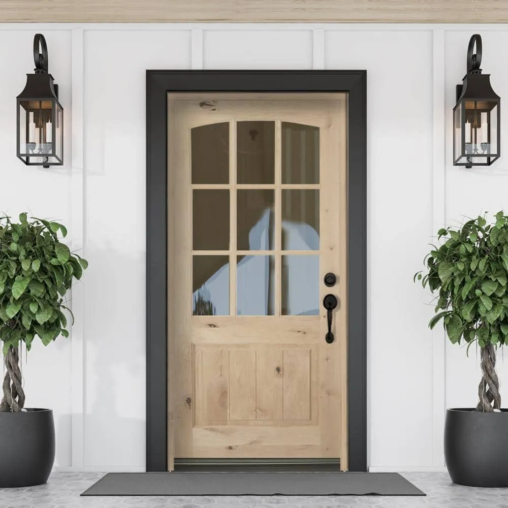 Krosswood Doors 36 in. x 80 in. Krosswood Doors Knotty Alder Left-Hand/Inswing 9-Lite Arch Top V-Panel Clear Glass Unfinished Wood Prehung Front Door, photo 6 of 8