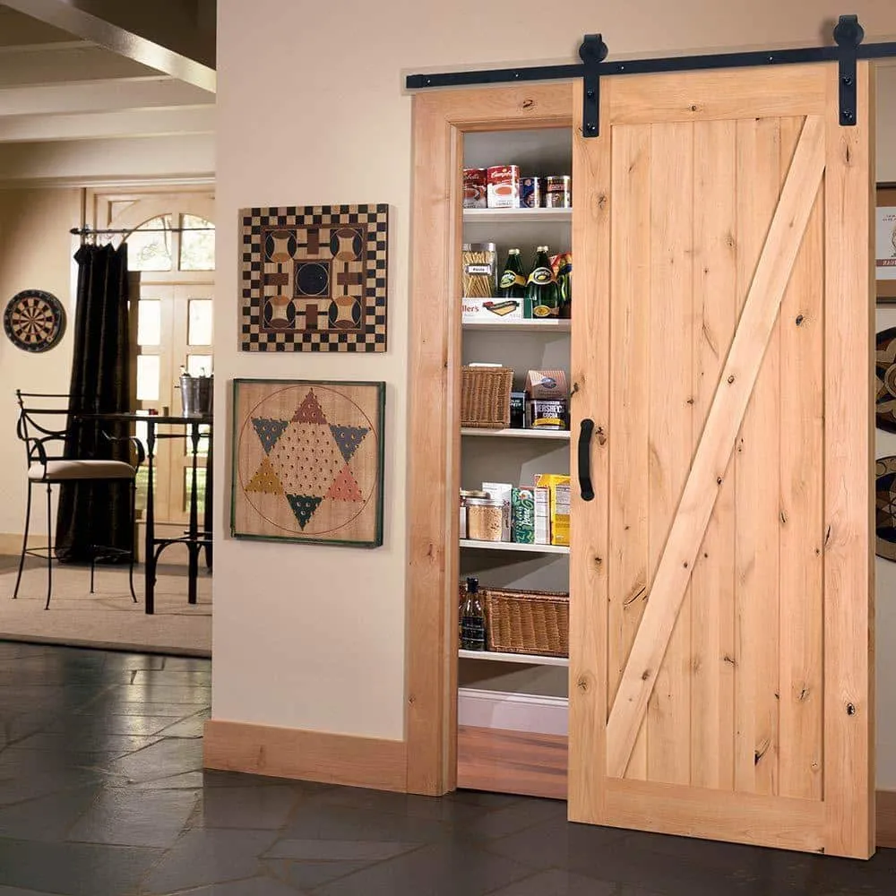 Masonite 42 in. x 84 in. Z-Bar Knotty Alder Wood Interior Sliding Barn Door Slab with Hardware Kit, photo 2 of 5