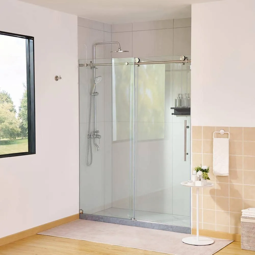 Vanity Art 76 in. H x 60 in. W Frameless Sliding Shower Door in Brushed Nickel with Clear Tempered Glass, photo 6 of 8