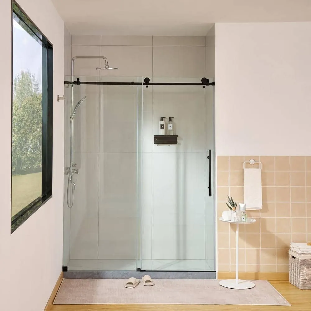 Vanity Art 76 in. H x 60 in. W Frameless Sliding Shower/Tub Door, Matte Black, Clear Tempered Glass, photo 2 of 8
