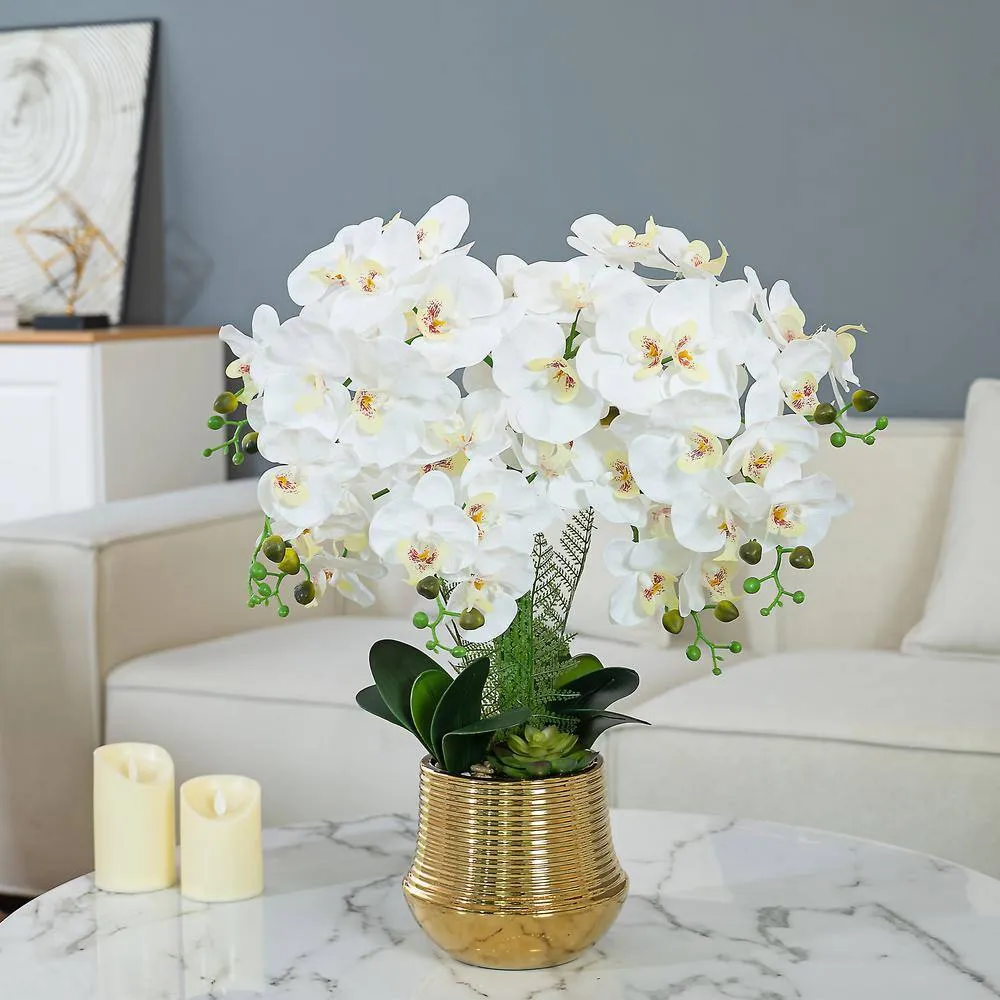 Vanity Art 26.77 in. H Artificial Orchid Floral Arrangement in Gold-plated Ceramics Vase, photo 7 of 7