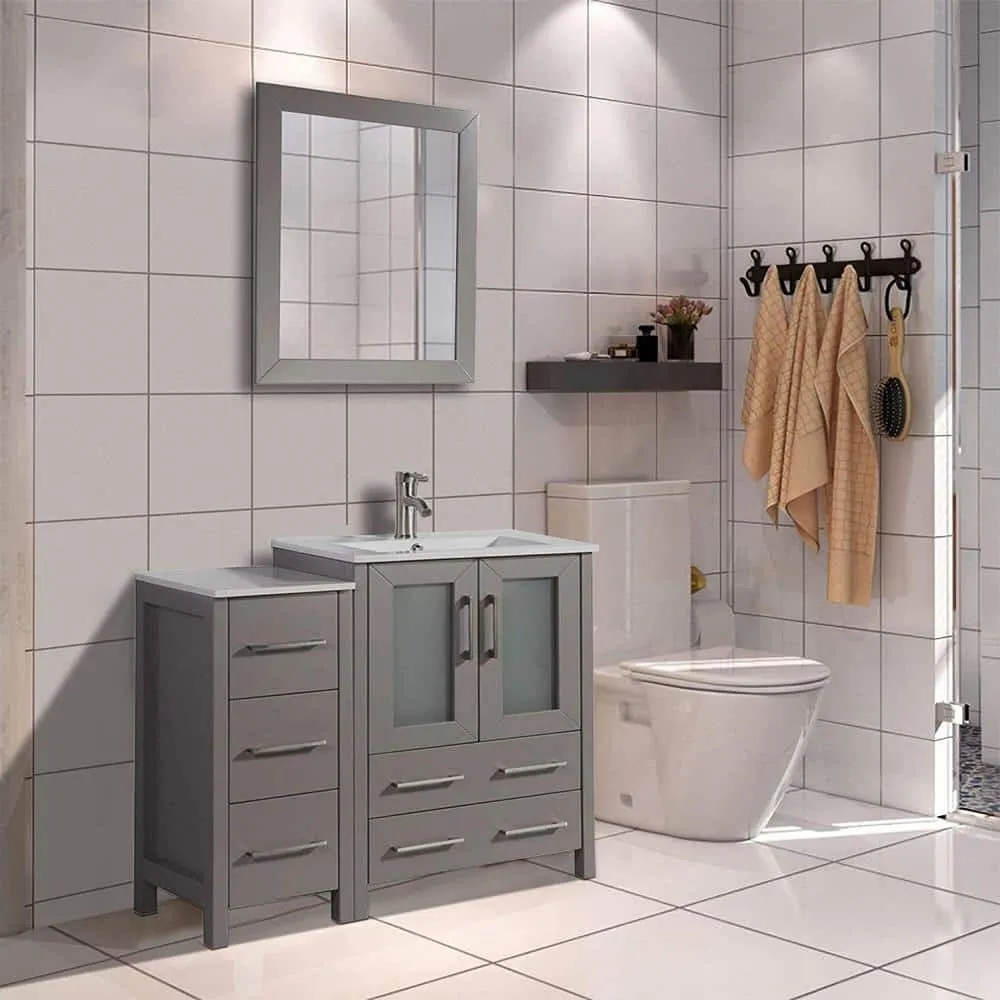 Vanity Art Brescia 36 in. W x 18.1 in. D x 35.8 in. H Single Basin Bathroom Vanity in Grey with Top in White Ceramic and Mirror, photo 9 of 9