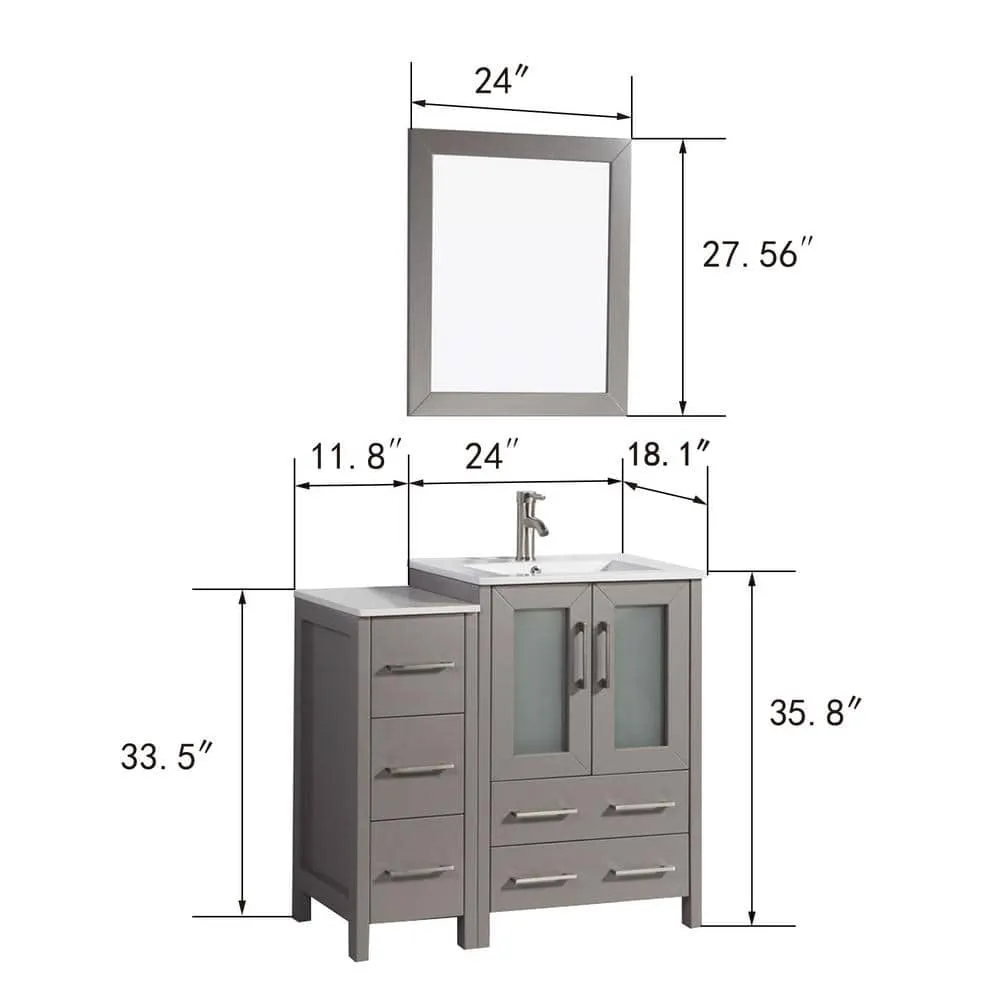 Vanity Art Brescia 36 in. W x 18.1 in. D x 35.8 in. H Single Basin Bathroom Vanity in Grey with Top in White Ceramic and Mirror, photo 3 of 9