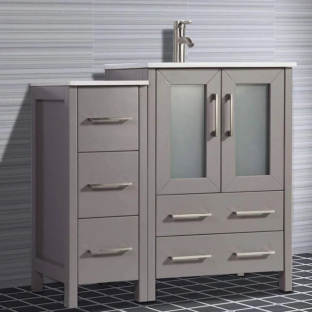 Vanity Art Brescia 36 in. W x 18.1 in. D x 35.8 in. H Single Basin Bathroom Vanity in Grey with Top in White Ceramic and Mirror, photo 6 of 9