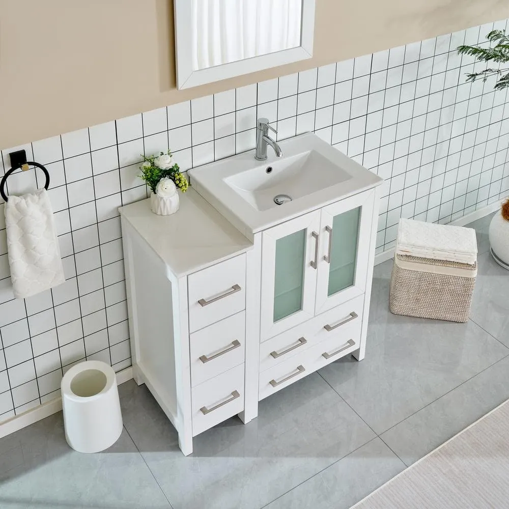 Vanity Art Brescia 36 in. W x 18.1 in. D x 35.8 in. H Single Basin Bathroom Vanity in White with Top in White Ceramic and Mirror, photo 3 of 12