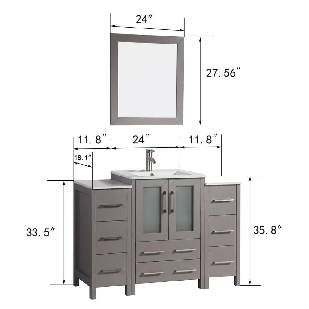 Vanity Art Brescia 48 in. W x 18.1 in. D x 35.8 in. H Single Basin Bathroom Vanity in Grey with Top in White Ceramic and Mirror, photo 3 of 11