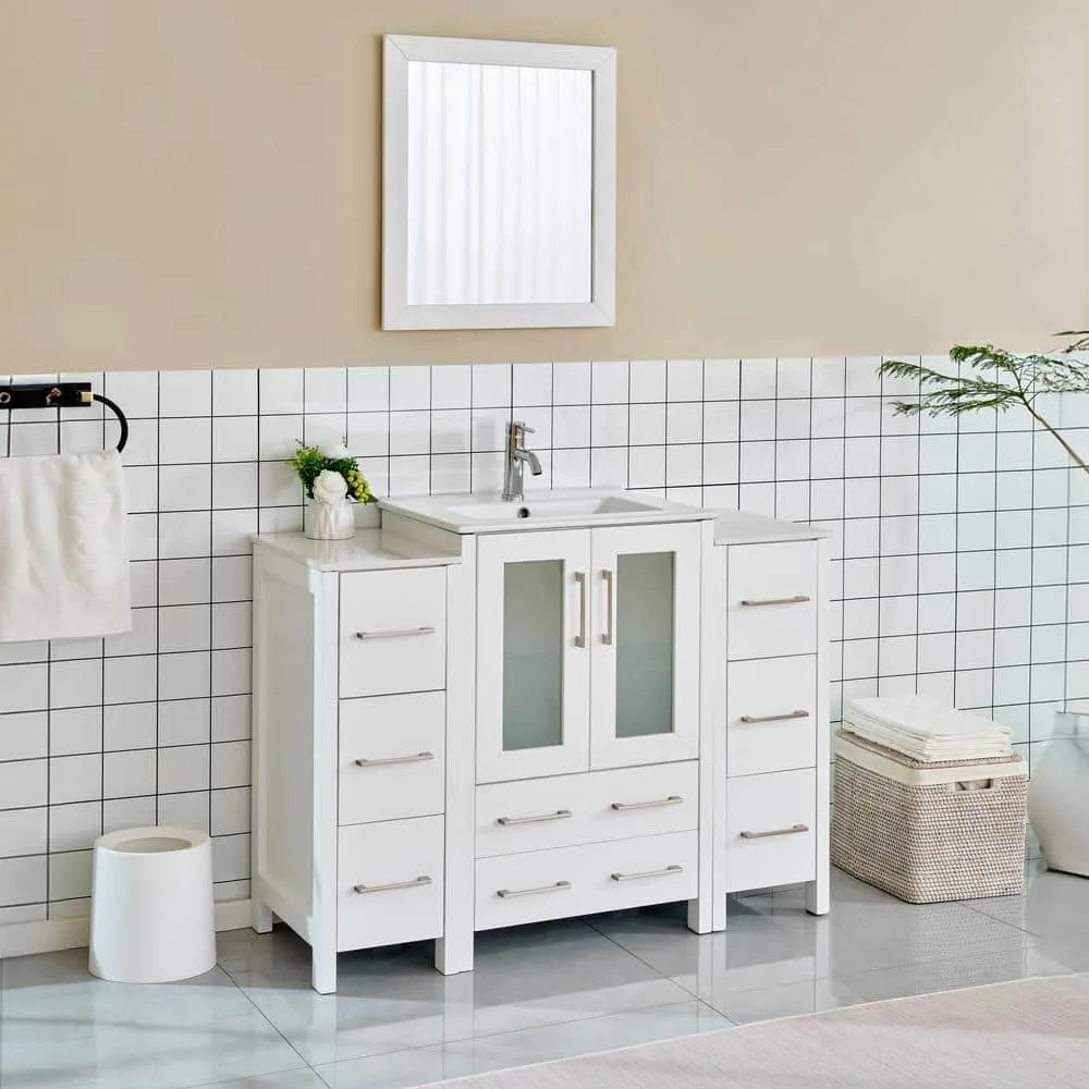Vanity Art Brescia 48 in. W x 18.1 in. D x 35.8 in. H Single Basin Bathroom Vanity in White with Top in White Ceramic and Mirror, photo 2 of 12