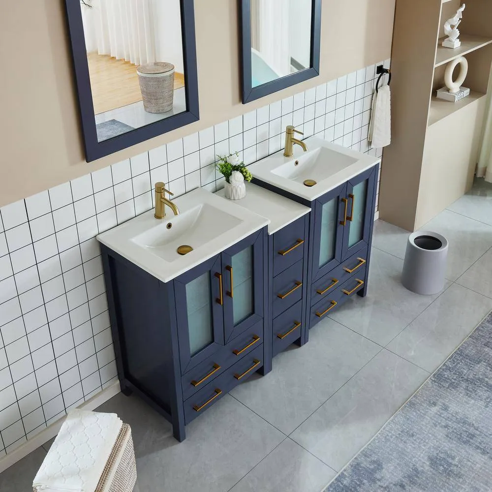 Vanity Art Brescia 60 in. W x 18.1 in. D x 35.8 in. H Double Basin Bathroom Vanity in Blue with Top in White Ceramic and Mirror, photo 3 of 11