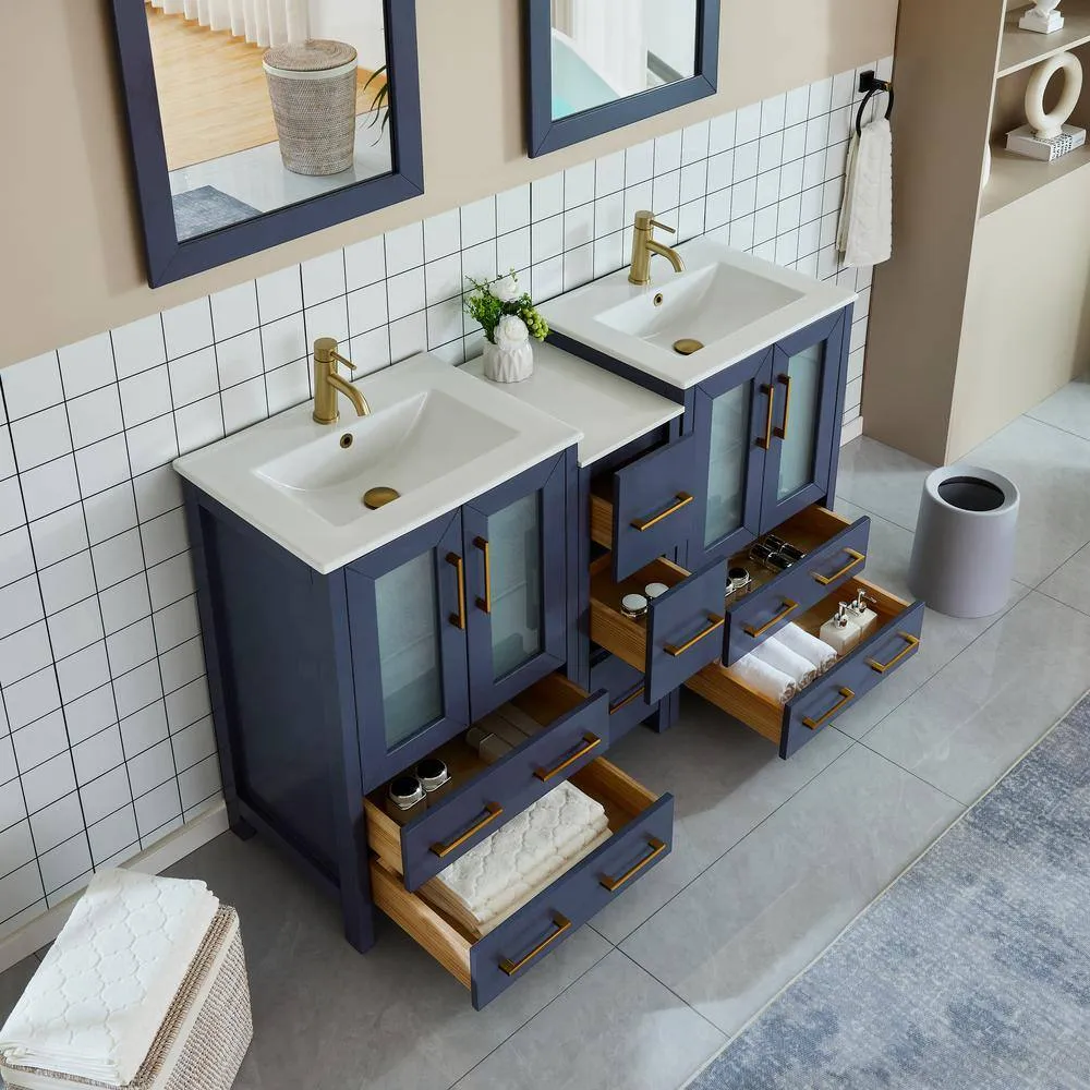 Vanity Art Brescia 60 in. W x 18.1 in. D x 35.8 in. H Double Basin Bathroom Vanity in Blue with Top in White Ceramic and Mirror, photo 5 of 11