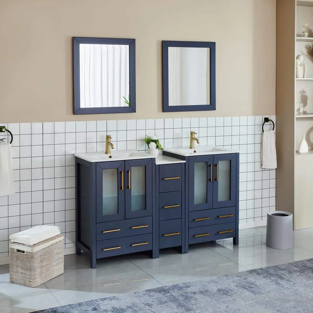Vanity Art Brescia 60 in. W x 18.1 in. D x 35.8 in. H Double Basin Bathroom Vanity in Blue with Top in White Ceramic and Mirror, photo 2 of 11