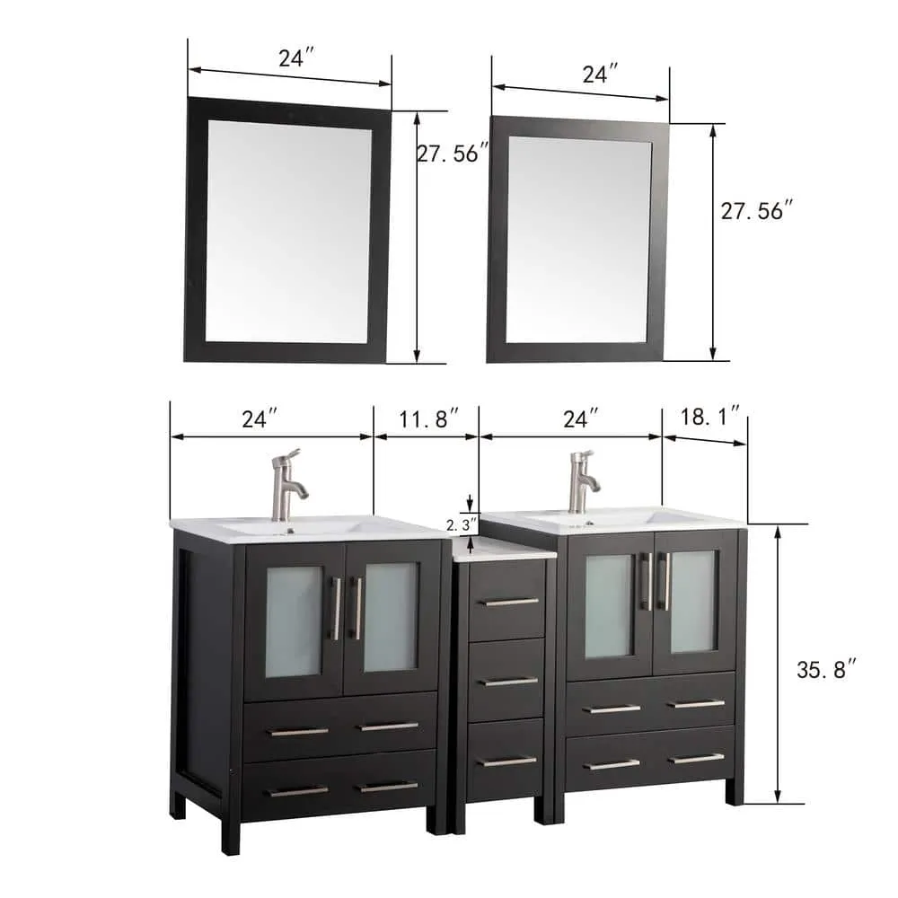 Vanity Art Brescia 60 in. W x 18.1 in. D x 35.8 in. H Double Basin Bathroom Vanity in Espresso with Top in White Ceramic and Mirror, photo 3 of 7
