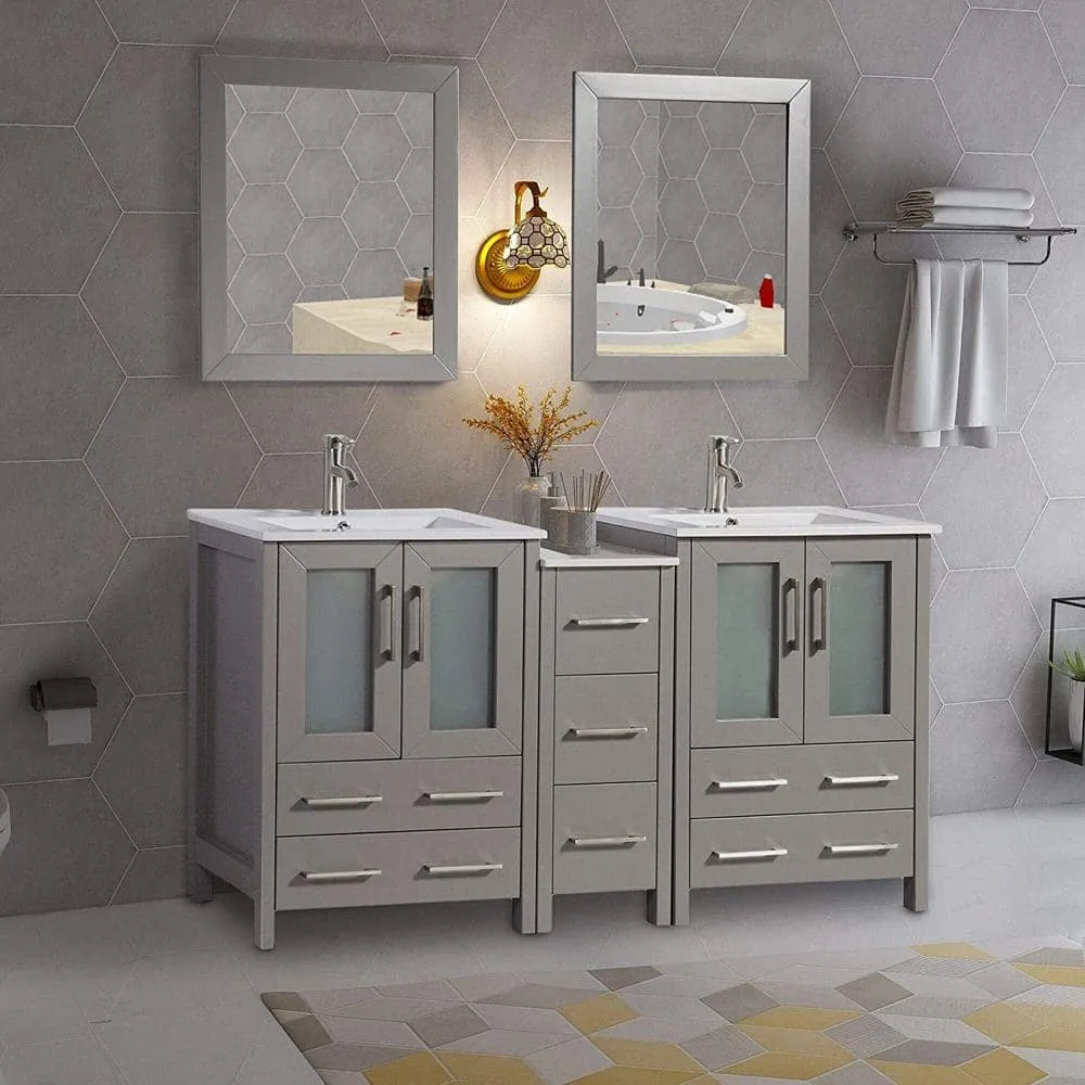 Vanity Art Brescia 60 in. W x 18.1 in. D x 35.8 in. H Double Basin Bathroom Vanity in Grey with Top in White Ceramic and Mirror, photo 11 of 11