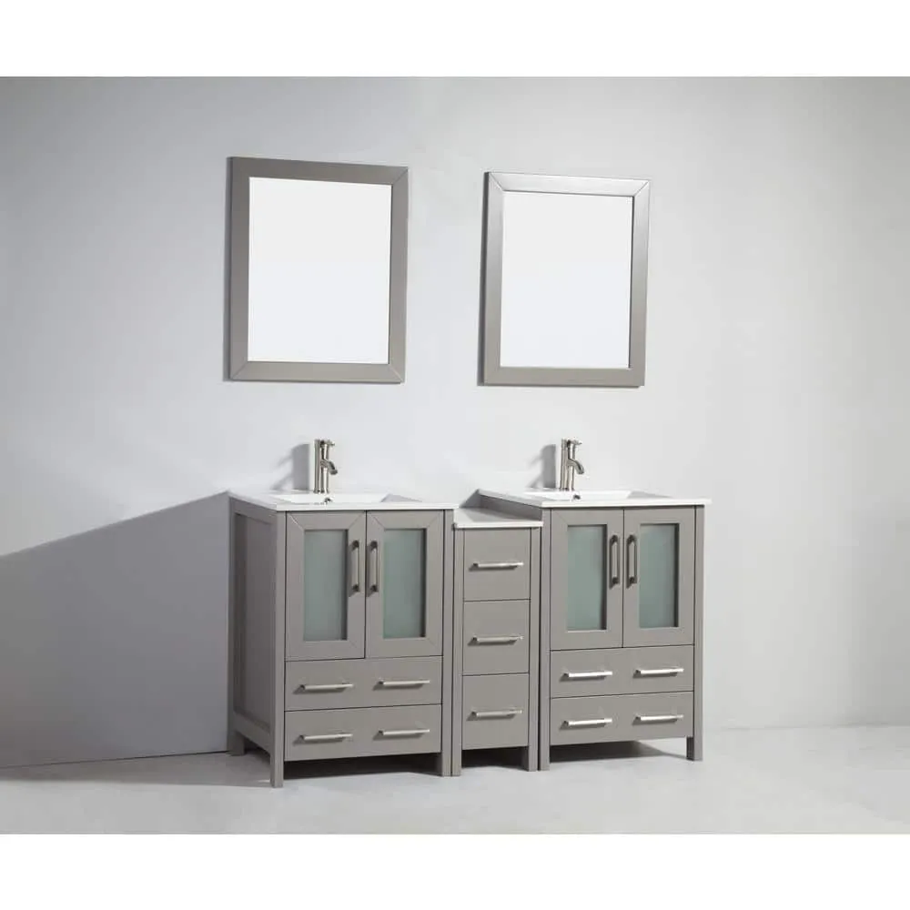 Vanity Art Brescia 60 in. W x 18.1 in. D x 35.8 in. H Double Basin Bathroom Vanity in Grey with Top in White Ceramic and Mirror, photo 4 of 11