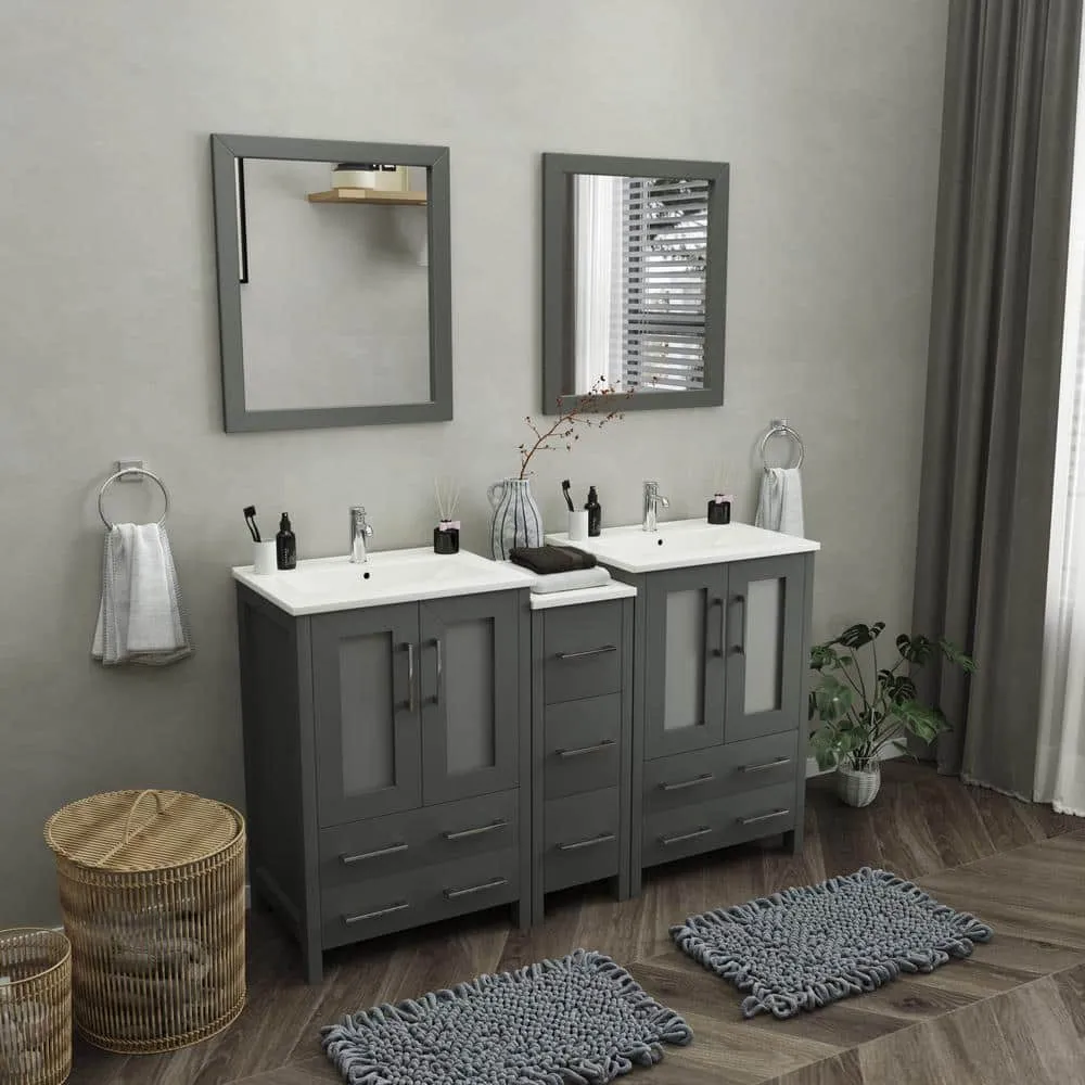Vanity Art Brescia 60 in. W x 18.1 in. D x 35.8 in. H Double Basin Bathroom Vanity in Grey with Top in White Ceramic and Mirror, photo 2 of 11