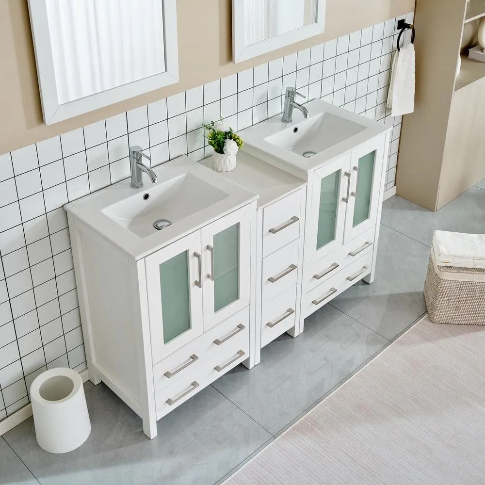 Vanity Art Brescia 60 in. W x 18.1 in. D x 35.8 in. H Double Basin Bathroom Vanity in White with Top in White Ceramic and Mirror, photo 3 of 10