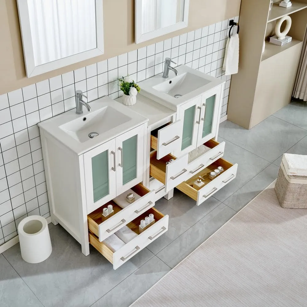 Vanity Art Brescia 60 in. W x 18.1 in. D x 35.8 in. H Double Basin Bathroom Vanity in White with Top in White Ceramic and Mirror, photo 5 of 10