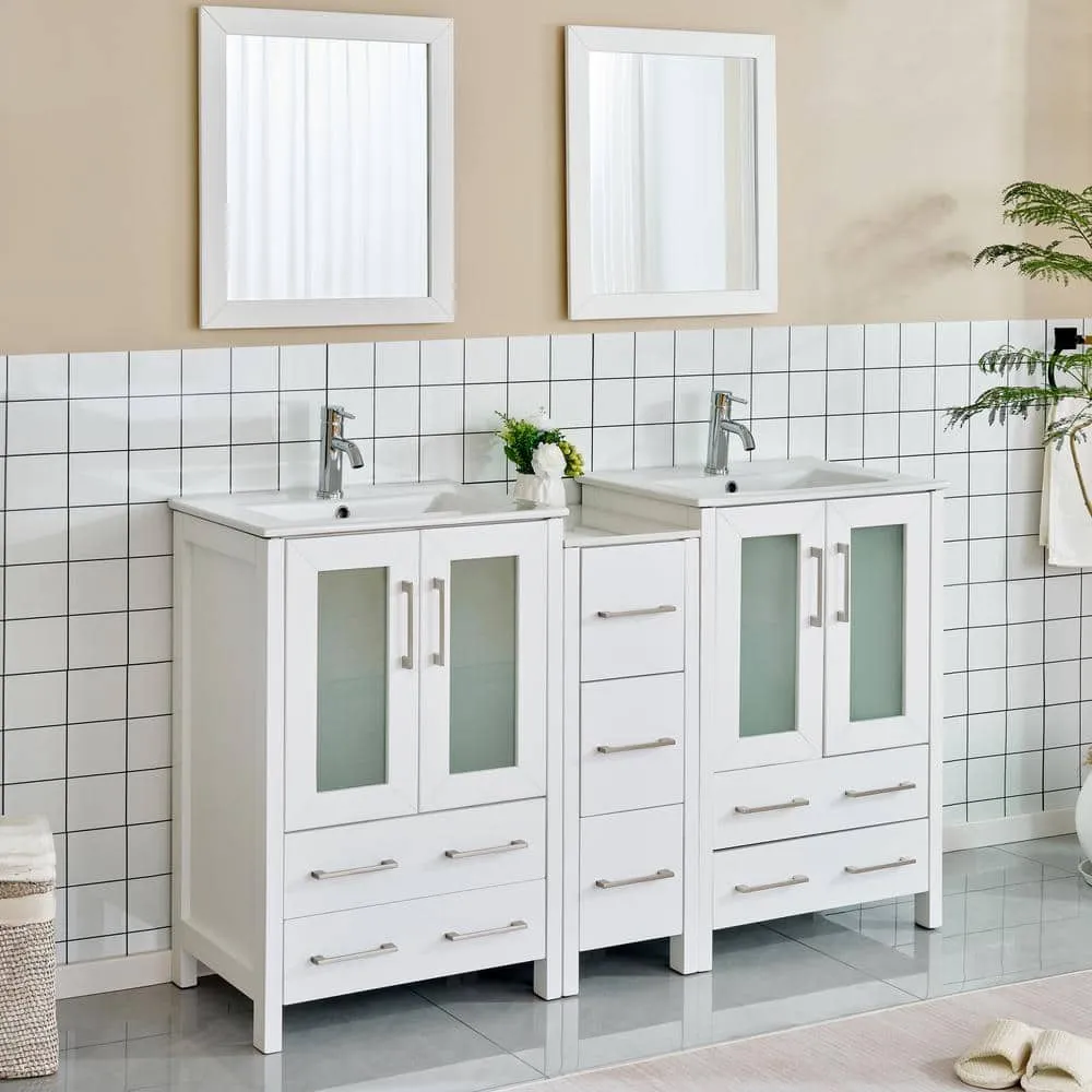 Vanity Art Brescia 60 in. W x 18.1 in. D x 35.8 in. H Double Basin Bathroom Vanity in White with Top in White Ceramic and Mirror, photo 2 of 10