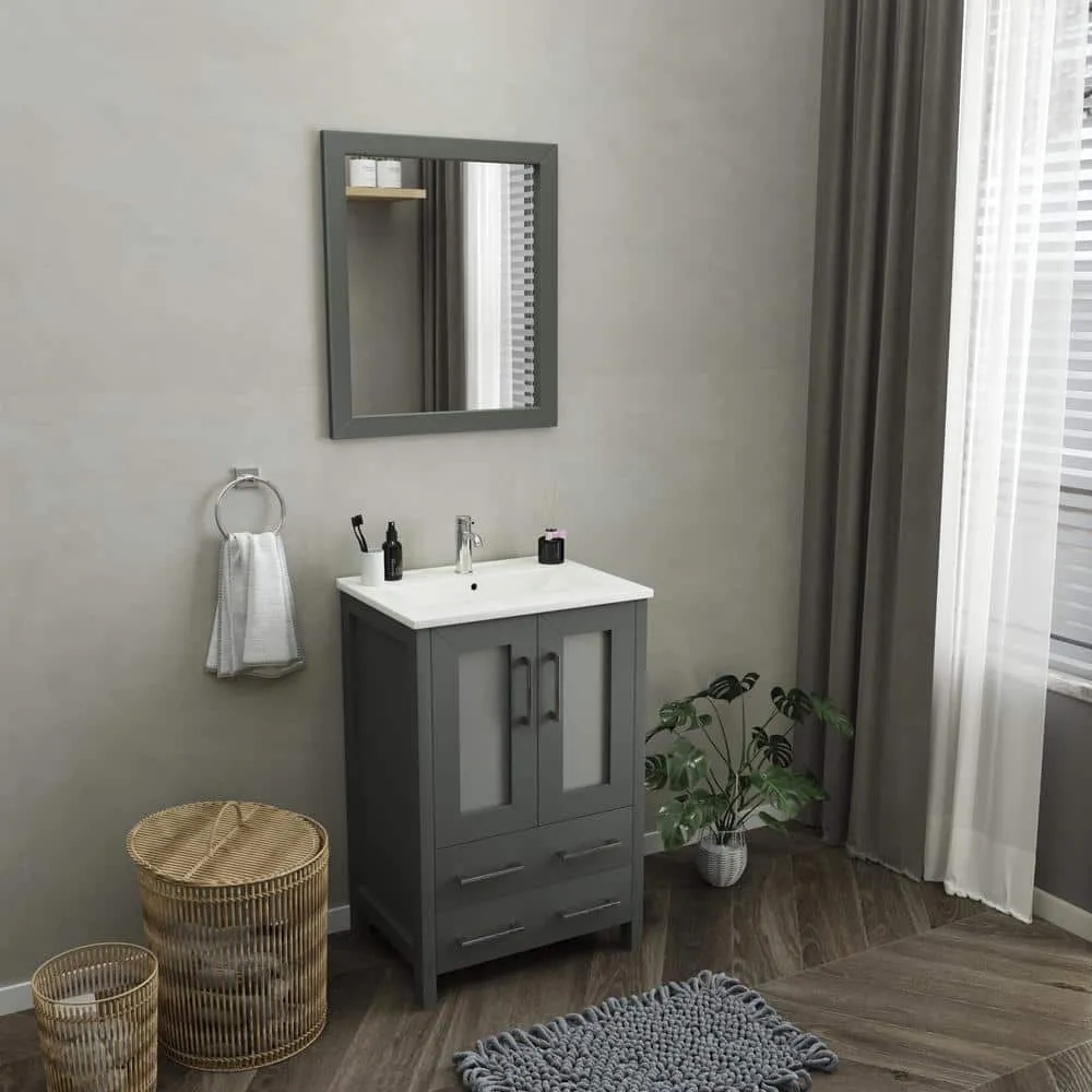 Vanity Art Brescia 24 in. W x 18.1 in. D x 35.8 in. H Single Basin Bathroom Vanity in Grey with Top in White Ceramic and Mirror, photo 2 of 7