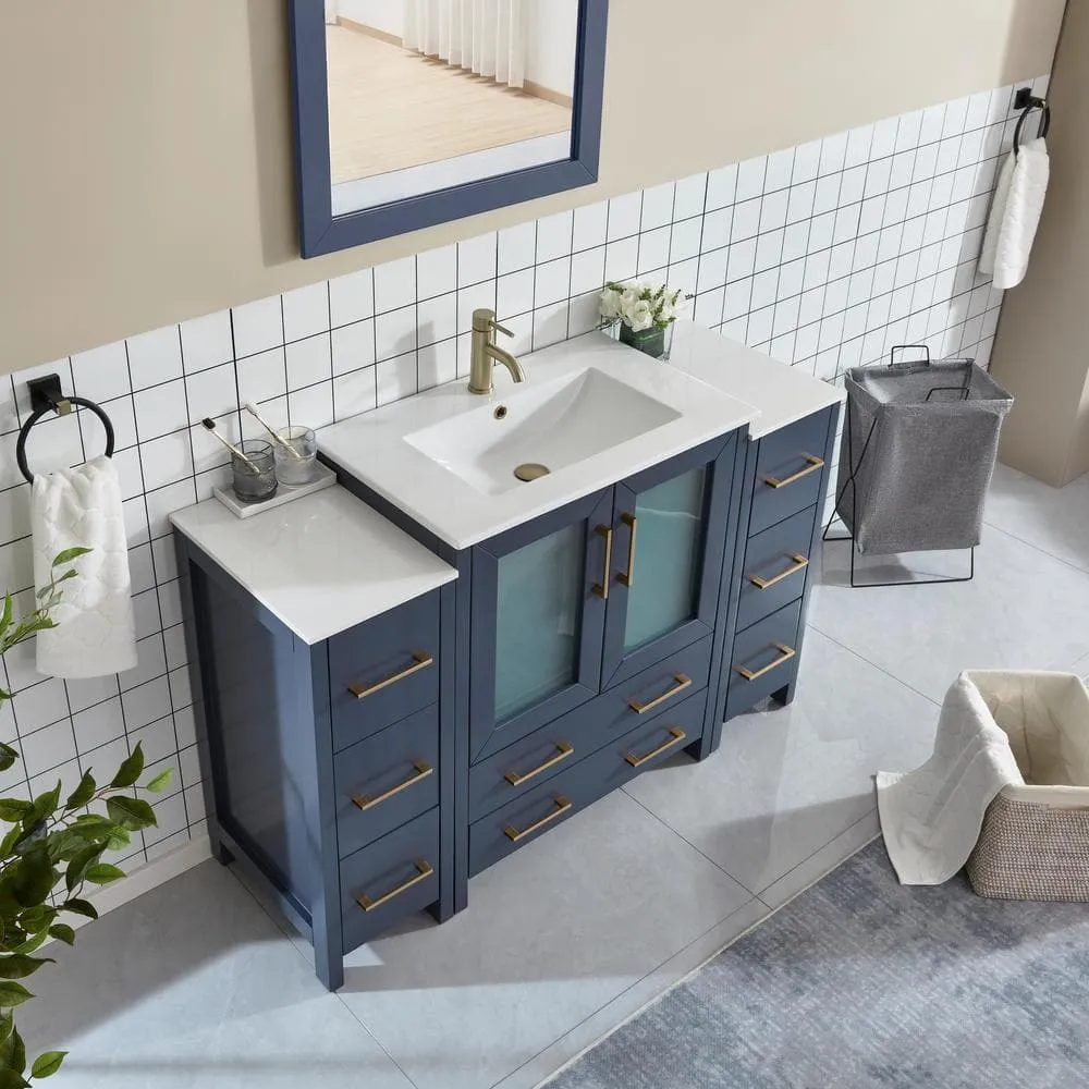 Vanity Art Brescia 54 in. W x 18 in. D x 36 in. H Single Sink Bath Vanity in Blue with White Ceramic Top and Mirror, photo 3 of 12