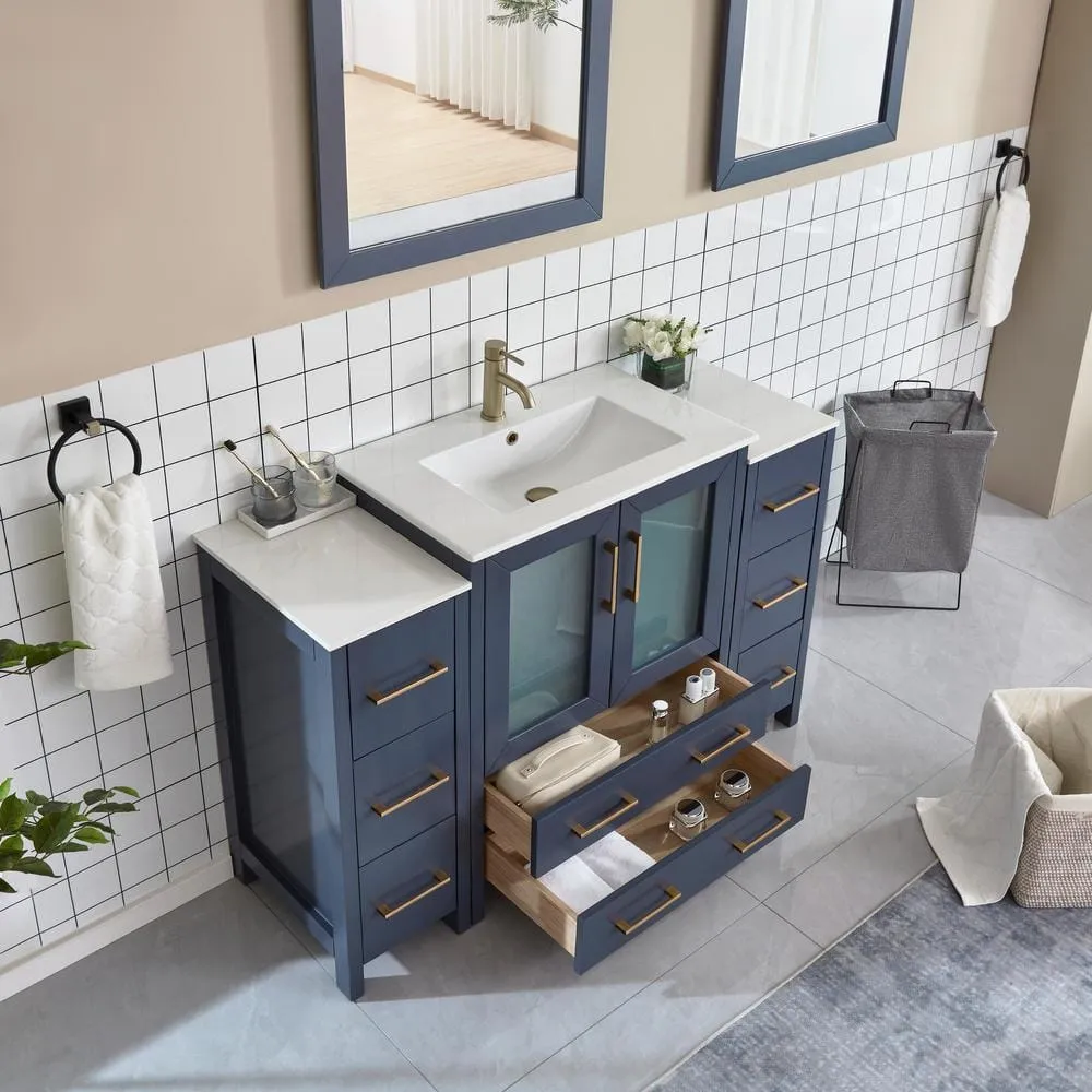 Vanity Art Brescia 54 in. W x 18 in. D x 36 in. H Single Sink Bath Vanity in Blue with White Ceramic Top and Mirror, photo 5 of 12