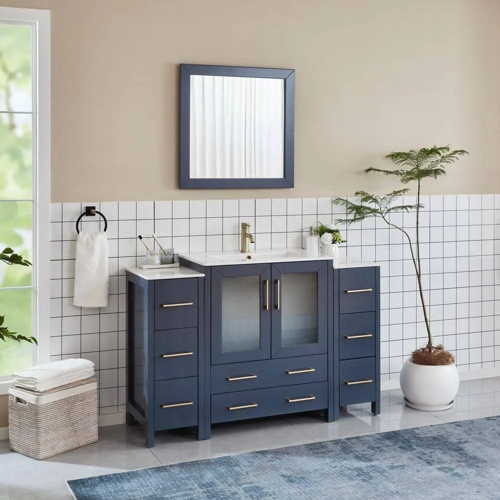 Vanity Art Brescia 54 in. W x 18 in. D x 36 in. H Single Sink Bath Vanity in Blue with White Ceramic Top and Mirror, photo 2 of 12