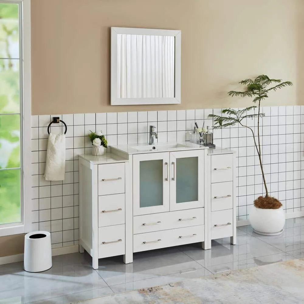 Vanity Art Brescia 54 in. W x 18 in. D x 36 in. H Bathroom Vanity in White with Vanity Top in White with White Basin and Mirror, photo 2 of 12
