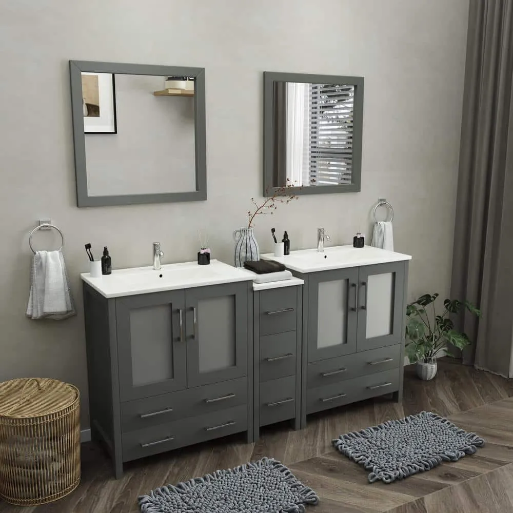 Vanity Art Brescia 72 in. W x 18 in. D x 36 in. H Bath Vanity in Grey with Vanity Top in White with White Basin and Mirror, photo 2 of 7
