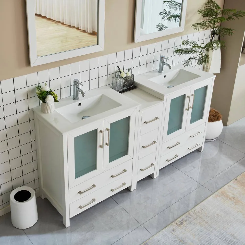 Vanity Art Brescia 72 in. W x 18 in. D x 36 in. H Bath Vanity in White with Vanity Top in White with White Basin and Mirror, photo 3 of 12