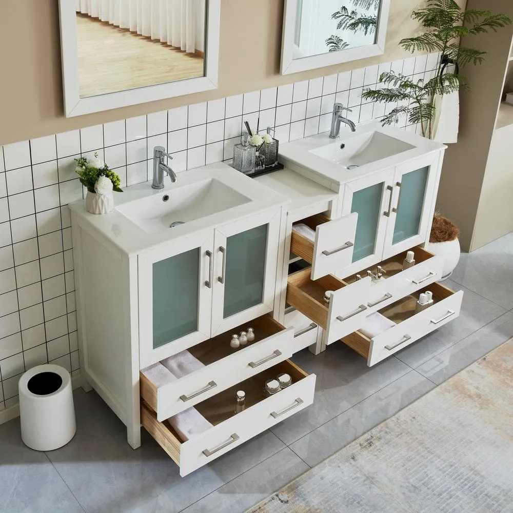 Vanity Art Brescia 72 in. W x 18 in. D x 36 in. H Bath Vanity in White with Vanity Top in White with White Basin and Mirror, photo 5 of 12