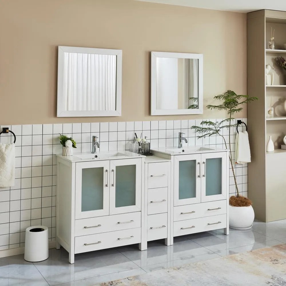 Vanity Art Brescia 72 in. W x 18 in. D x 36 in. H Bath Vanity in White with Vanity Top in White with White Basin and Mirror, photo 2 of 12