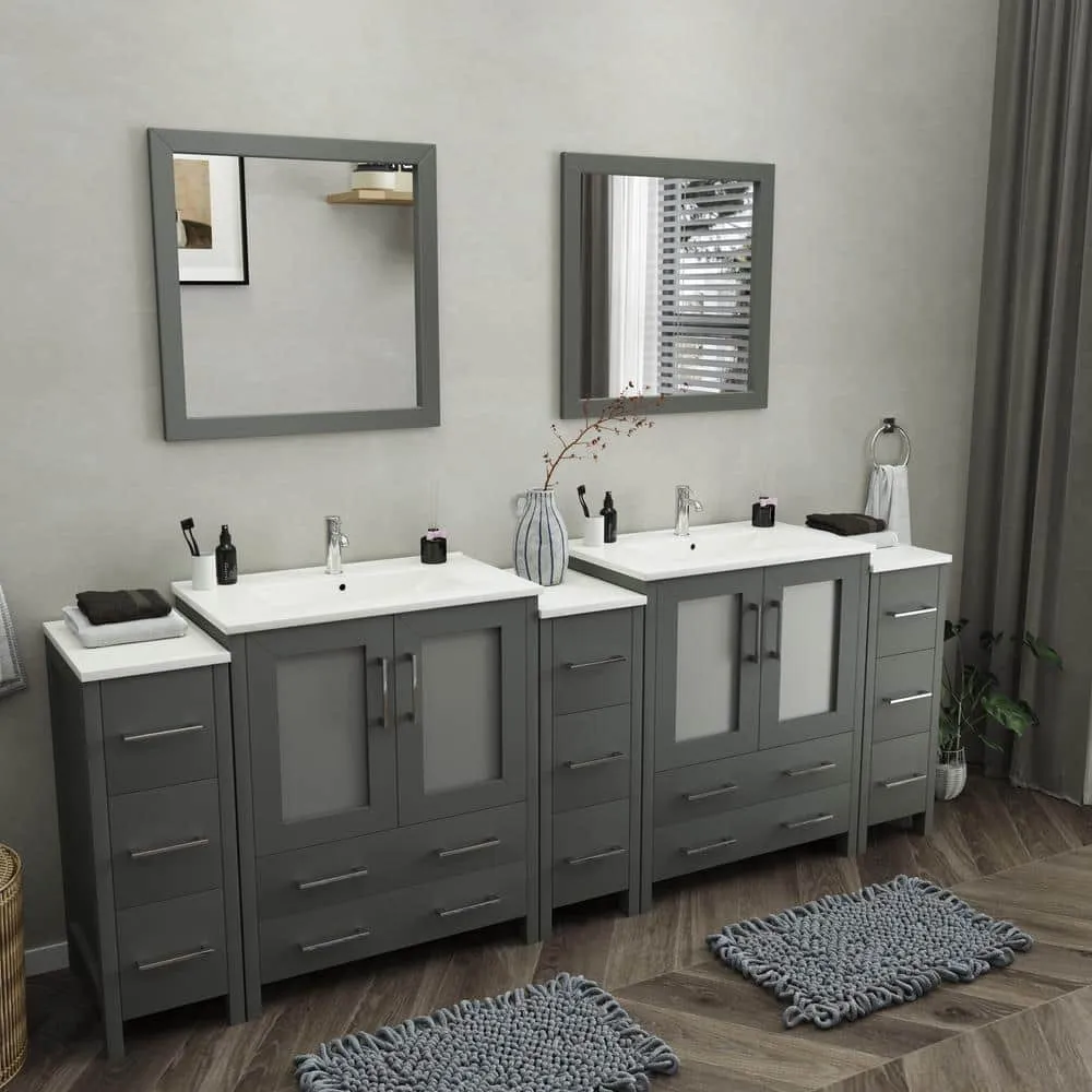 Vanity Art Brescia 96 in. W x 18 in. D x 36 in. H Bath Vanity in Grey with Vanity Top in White with White Basin and Mirror, photo 2 of 10