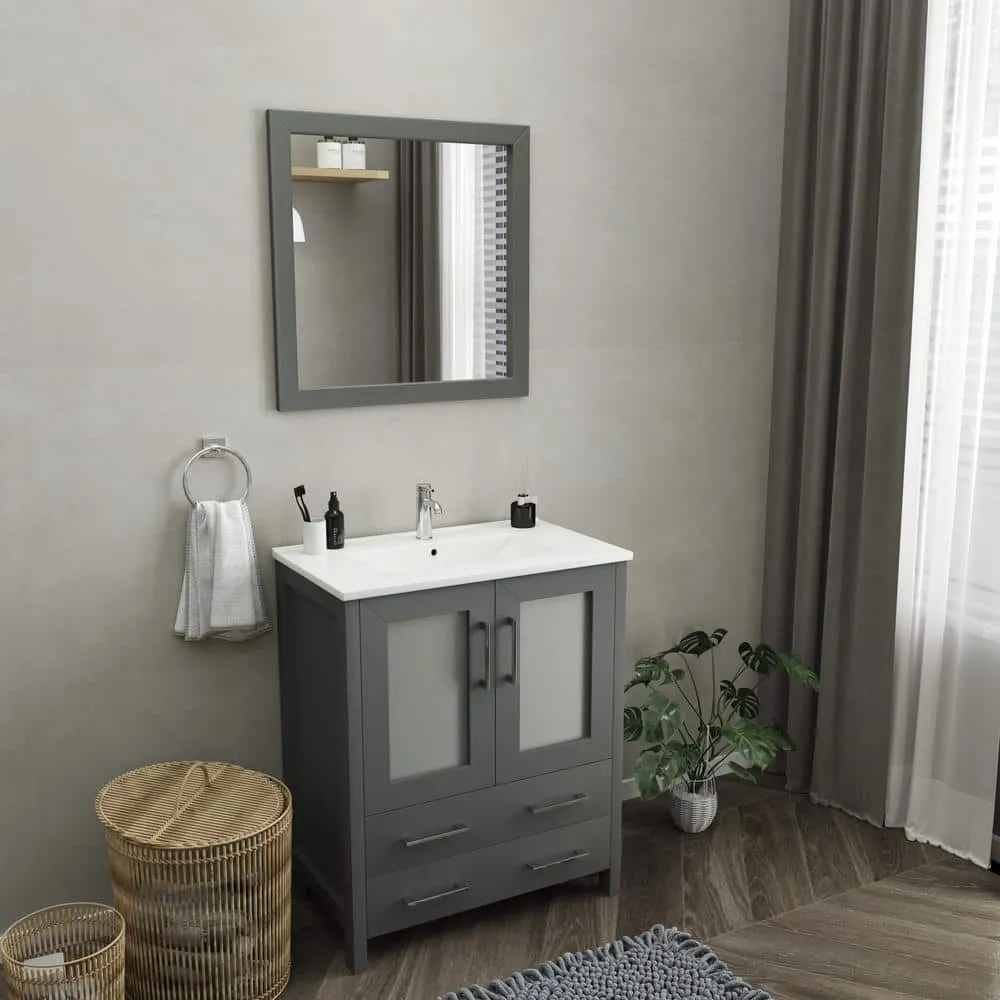 Vanity Art Brescia 30 in. W x 18 in. D x 36 in. H Bath Vanity in Grey with White Ceramic Top, White Basin, and Matching Mirror, photo 2 of 7